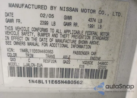2005 Nissan Altima 3.5 Se z USA, uszkodzony, nr VIN 1N4BL11E65N480562